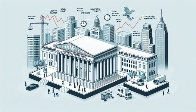 A graph showing a significant decline in the United States Leading Economic Index (LEI), with visual elements representing the labor market, manufacturing sector, building permits, S&P 500 performance, and bonds, accompanied by an image of the Federal Reserve building.