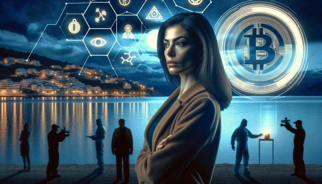 Create an image depicting a mysterious and dark scene involving a woman, cryptocurrency symbols, and shadowy figures, with a backdrop of the Ionian Sea and elements suggesting a police investigation.