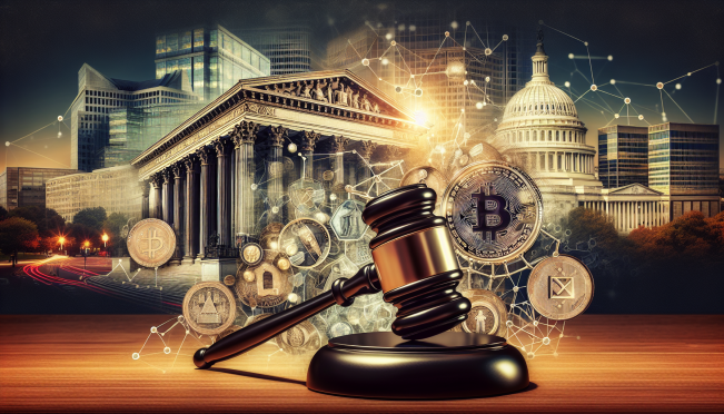 A dramatic courtroom scene with Ripple and SEC logos, a backdrop of Washington, DC, and a gavel symbolizing the legal battle. Include elements of cryptocurrency to highlight the context.