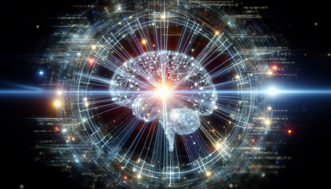 A futuristic AI brain glowing with connections, surrounded by code and mathematical equations, symbolizing the advanced capabilities of Grok-1.5.