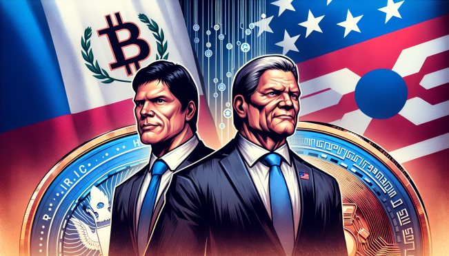 An image showing Nayib Bukele and Donald Trump, both appearing confident and resilient, with elements of Bitcoin and US flags in the background, symbolizing political and financial challenges.