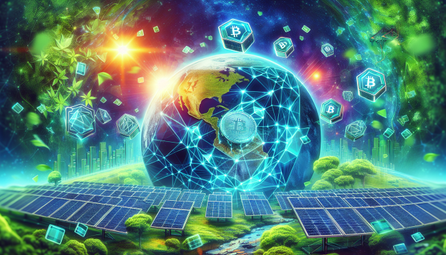 A vibrant and futuristic artwork showing solar panels transforming into digital NFT tokens against a backdrop of a clean, green earth, symbolizing the fusion of renewable energy and blockchain technology.