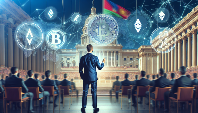 An image showing the Ripple CEO Brad Garlinghouse speaking at a political rally with a backdrop of the U.S. Capitol building, surrounded by symbols of cryptocurrency like Bitcoin, Ethereum, and Ripple logos. The image should reflect the intersection of politics and digital assets.