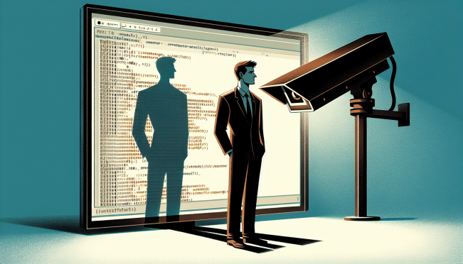 A digital illustration depicting Vitalik Buterin standing in front of a large monitor displaying code, with the shadow of a surveillance camera looming over, symbolizing the tension between privacy advocates and government surveillance under FISA Section 702.