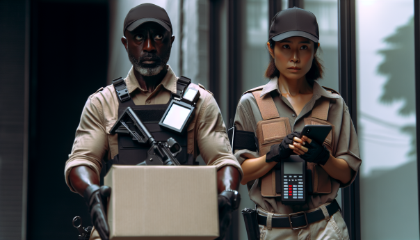 A tense scene depicting a modern urban setting with individuals in delivery outfits, one holding a parcel and another with a digital device, symbolizing the crypto heist in a dramatic and suspenseful manner.