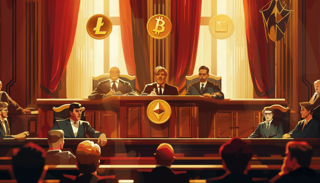 A dramatic courtroom scene with key figures from Ripple and the SEC, with a judge's gavel symbolizing the pending decision. Include symbolic elements of cryptocurrency, such as digital coins or blockchain icons.