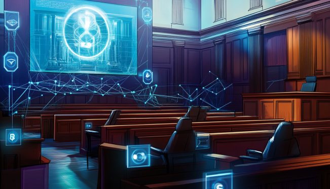 A futuristic courtroom scene with digital assets like RLUSD and XRP represented as holograms, symbolizing the ongoing legal battle between Ripple and the SEC.