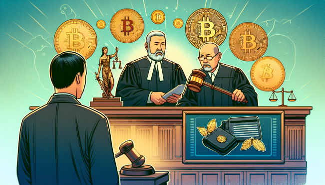 A courtroom scene with a judge ruling in favor of a middle-aged Vietnamese man, digital wallets, and LUNC/Terra Classic coins in the background, symbolizing cryptocurrency and legal issues.