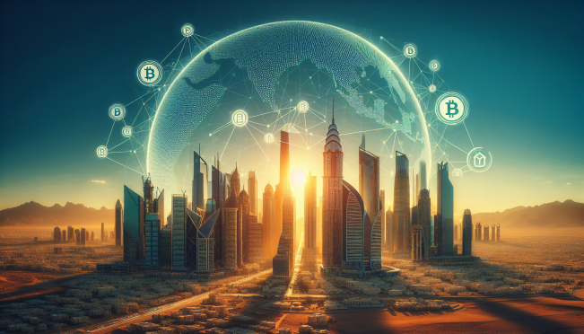 An image depicting Ripple's global expansion with the Dubai skyline in the background, highlighting blockchain technology and Ripple's payment solutions.