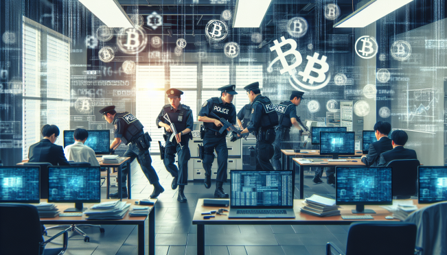 A dramatic police raid scene with South Korean police officers in action, confiscating computers and documents from a high-tech office setting, with digital crypto symbols floating in the background to signify the crypto fraud investigation.