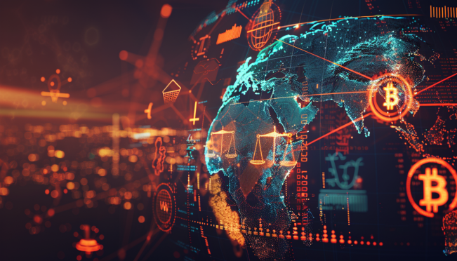 A digital globe with various legal icons (scales of justice, gavels) and biometric data symbols (fingerprints, iris scans) overlaying countries, symbolizing the global legal challenges faced by a cryptocurrency project dealing with privacy and data protection issues.