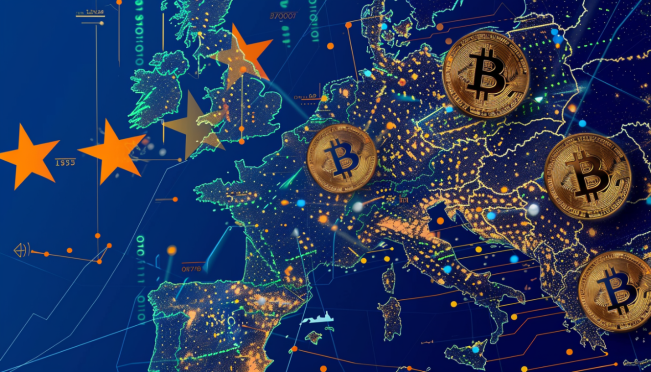 A visual representation of Italy’s financial system integrating with cryptocurrency icons like electronic money tokens and asset reference tokens, against a backdrop of the European Union flag, symbolizing regulatory compliance and innovation.