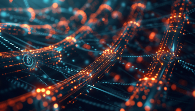 A digital illustration of interconnected chains and nodes representing the Mango Network's infrastructure bridging various blockchain ecosystems, with Bitcoin and Ethereum symbols prominently featured, highlighting the seamless cross-chain functionality and smart contract capabilities.