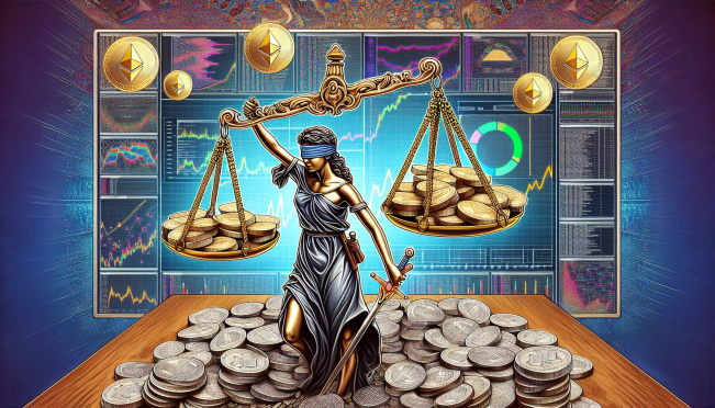 A digital collage representing a blockchain gambling platform controversy, including elements like Ethereum coins, a computer screen displaying a staking protocol, and a figure of justice weighing ETH and ZKAS tokens.