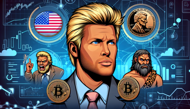 A dramatic visual of Donald Trump, surrounded by digital assets like MAGA Coin and Trog, with a backdrop of blockchain and crypto symbols, signifying his transition into the crypto world.