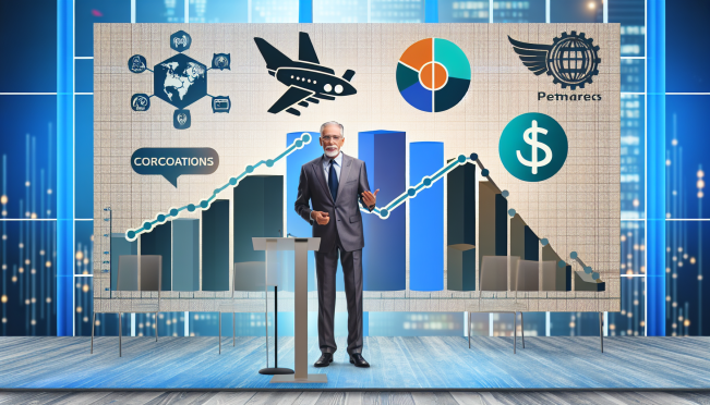 Warren Buffett presenting at Berkshire Hathaway's annual meeting with a backdrop of Apple, Chevron, and Occidental Petroleum logos, and a rising graph symbolizing Berkshire's cash reserves.