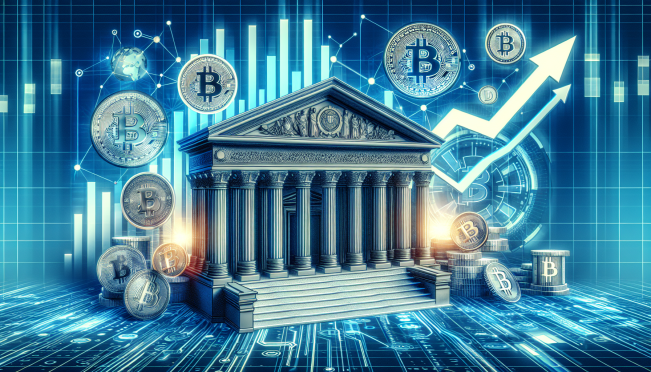 An image depicting Bolivia's Central Bank with a backdrop of Bitcoin and other cryptocurrencies, symbolizing the lifting of the crypto ban and the embrace of digital payments. Include elements that represent modernization and economic growth.