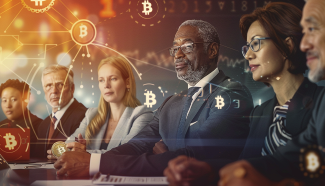 A diverse group of influential business leaders in a modern boardroom setting, with a backdrop of digital financial symbols like Bitcoin and blockchain technology elements