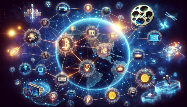 An image depicting a futuristic blockchain network with elements from entertainment, gaming, and finance sectors, supported by logos of Sony Group, Startale, Astar Network, Alchemy, Chainlink, Circle, Optimism, and The Graph.