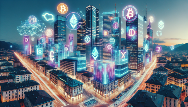 A bustling cityscape with digital currency symbols integrated into the architecture, reflecting Lugano's adoption of cryptocurrency and its position as a hub for blockchain innovation