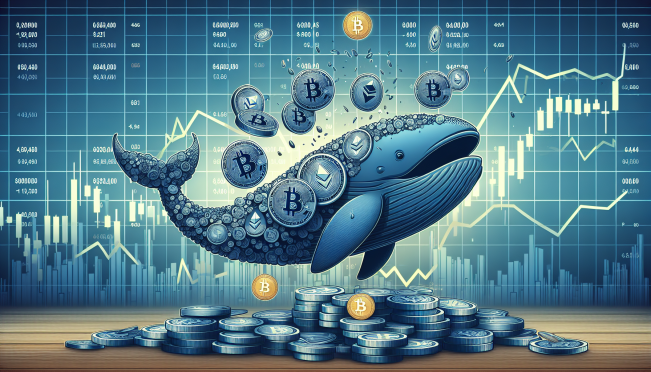 illustration of a giant whale made of digital currency symbols transferring coins to a symbolic representation of Coinbase amidst a backdrop of rising stock charts and crypto tokens (Bitcoin and Ether)