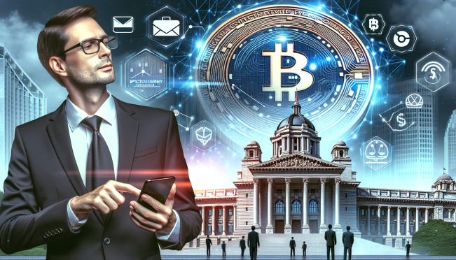 An illustration of Donald Trump promoting a new crypto project on social media, with a backdrop of the White House and digital currency symbols. The image should blend elements of politics and technology, highlighting potential conflicts of interest.