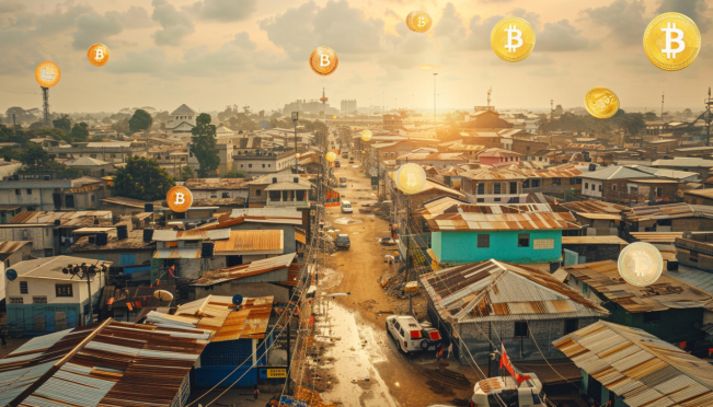 A bustling Nigerian cityscape with digital currency symbols floating above, signifying the intersection of traditional infrastructure and modern cryptocurrency technology.