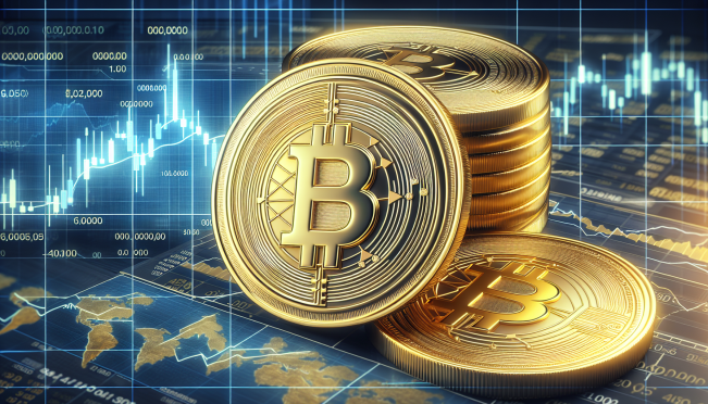 A digital representation of gold coins with Bitcoin logos on them, set against a backdrop of financial charts showing both gold and Bitcoin market trends, highlighting the concept of Bitcoin as digital gold.