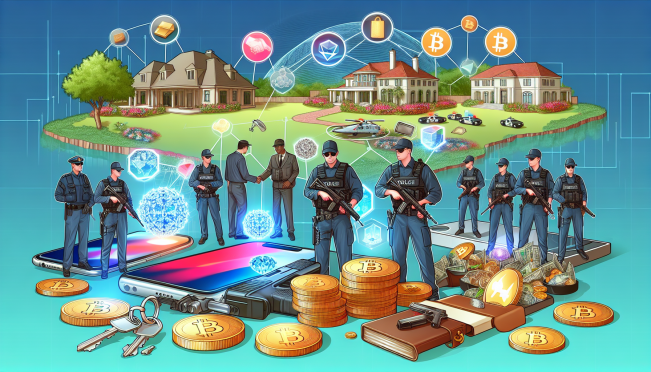 A coordinated police operation involving Europol, Italy, and Portugal authorities, confiscated cryptocurrency, jewelry, and electronic devices, with a backdrop of luxury properties and digital wallets.