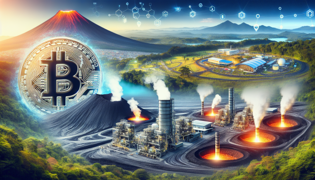 An image showcasing El Salvador's Bitcoin mining operations powered by volcanic geothermal energy, with a backdrop of modern infrastructure and a symbolic representation of the country's economic growth.