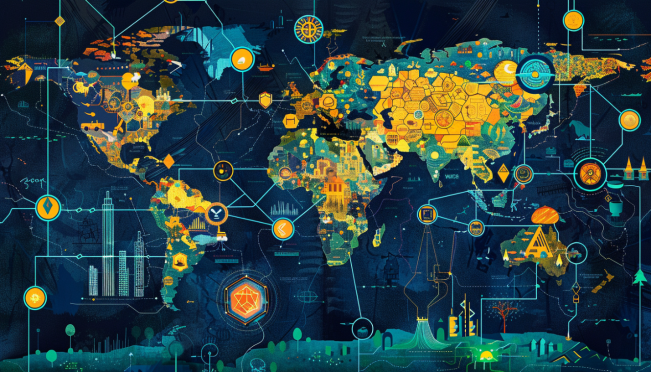 A world map with highlighted roads representing Hivemapper's coverage, blockchain elements connecting various points, and HONEY tokens floating around to illustrate the decentralized mapping and token incentive model.