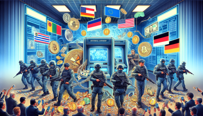 A detailed illustration of German law enforcement officers seizing crypto ATMs, with elements showcasing digital assets, cash, and official seals of the Federal Financial Supervisory Authority (BaFin) and the German central bank. The background should depict a high-tech, futuristic financial landscape.