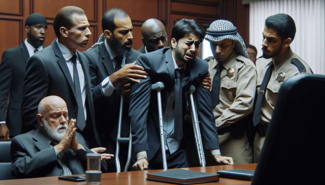 A distressed man on crutches in a Nigerian courtroom, surrounded by guards, visibly struggling and pleading for a wheelchair, with a courtroom background that shows tension and concern.