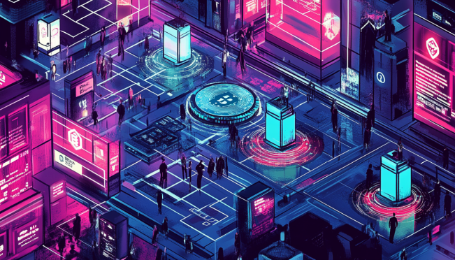 Illustration of a bustling blockchain network with numerous wallets, SPL tokens, and accounts being created, showcasing both human and bot interactions.