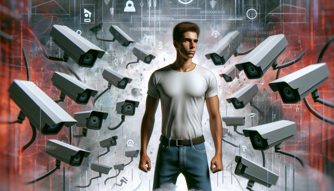 A digital artwork of Vitalik Buterin standing as a protector of privacy in a cyberspace filled with encroaching surveillance cameras and facial recognition technology, symbolizing the fight against non-consensual tracking.