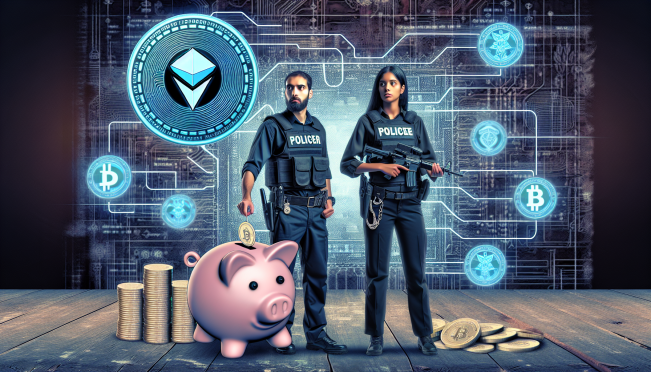 A digital illustration of FBI agents seizing cryptocurrency assets, with icons of Tether and a piggy bank symbolizing the 'pig butchering' scam. The background should include elements of blockchain and digital security.