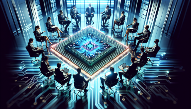 A dynamic image showcasing Intel's new AI-focused foundry business, with futuristic semiconductor chips and a corporate boardroom setting, highlighting innovation and competition in the tech industry.