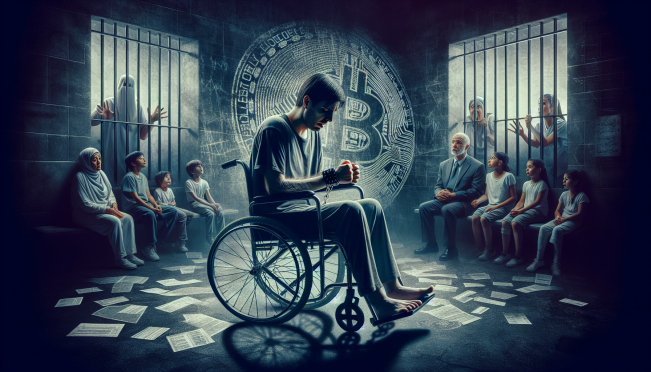 A distressed individual in a wheelchair within the confines of a dimly lit prison cell, with shackles around their wrists, surrounded by medical documents and a concerned family looking through barred windows. Include subtle elements hinting at cryptocurrency, such as a faded Binance logo on the cell wall.