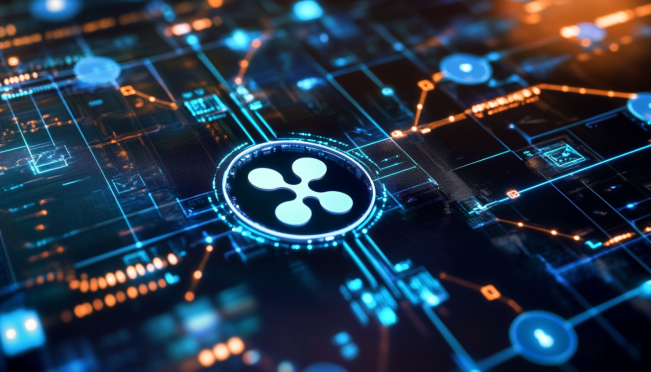 A futuristic depiction of the XRP Ledger with elements of smart contracts and blockchain technology. Include visuals of Ripple's logo and EVM sidechain integration with other blockchains.