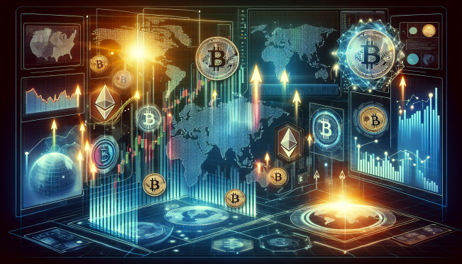 financial charts with cryptocurrency symbols, global maps indicating expansion, and futuristic digital elements