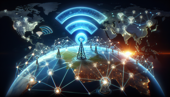 A futuristic representation of a decentralized WiFi network with nodes across the globe, highlighted by Samsung Next and Roam logos, emphasizing blockchain technology and global connectivity.