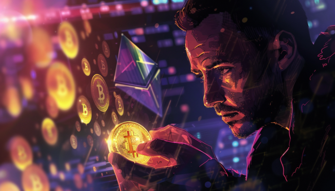 A digital illustration showing Anthony Pompliano holding Solana coins, with Ethereum coins fading in the background, visualizing the shift in investment. Include a futuristic, tech-driven background with cryptocurrency charts and graphs.