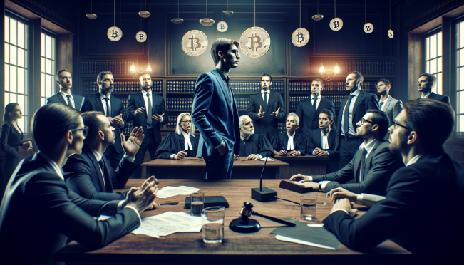 A courtroom scene with Sam Bankman-Fried, a judge, and lawyers, emphasizing tension and bias, with subtle references to cryptocurrency and financial fraud.