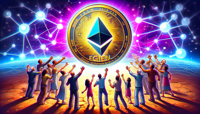 A dynamic and vibrant illustration featuring a large, glowing EIGEN token surrounded by diverse Ethereum community members, all eagerly reaching out or looking towards the token, symbolizing inclusion and anticipation. The background is a digital landscape representing the Ethereum blockchain, with nodes and connections visualized in a futuristic style.