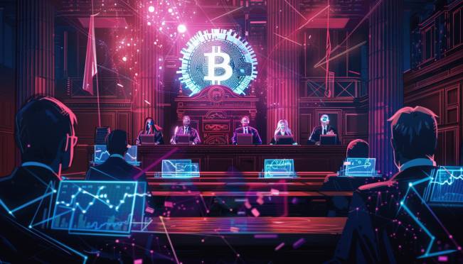 A courtroom scene in Russia with digital graphics of Bitcoin and other cryptocurrencies, law enforcement officials, and blockchain imagery representing the rise of crypto bribery cases.