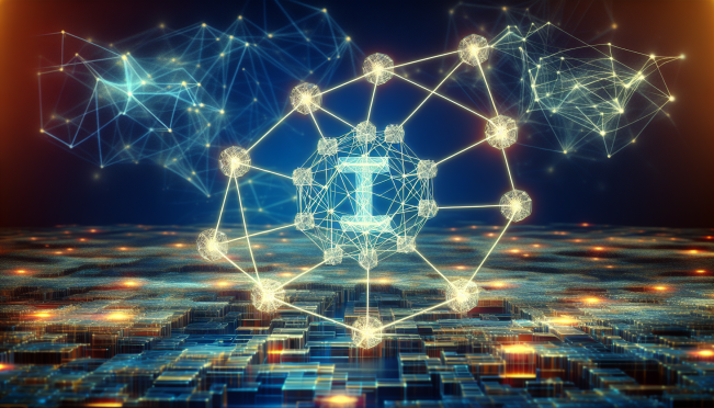 An abstract representation of Jolt's zero-knowledge solution in blockchain technology, featuring interconnected nodes symbolizing a network and geometric shapes illustrating the integration of SNARKs for enhanced scalability and security.