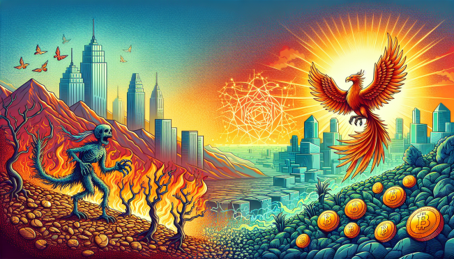 An image depicting a visual contrast between traditional and modern payment systems, symbolizing the XRP Ledger's challenge to SWIFT. Include symbols like a zombie to represent Forbes' 'crypto zombie' label, and a phoenix rising to signify the resilience and innovation of the XRPL.