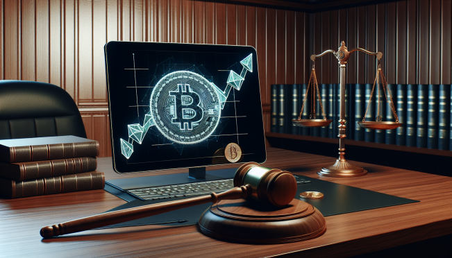 A courtroom setting with a digital display showing the Binance logo, a gavel, and a judge's bench in the background. Include a bullish chart for BNB token rising in value, symbolizing market reaction.