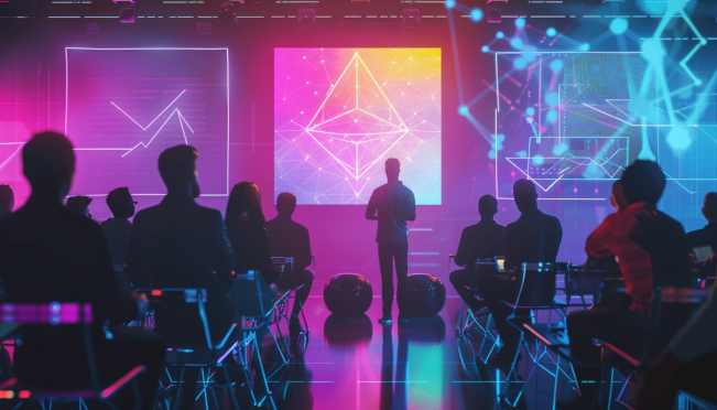 A futuristic representation of blockchain technology enhanced by Circle STARKs, featuring cryptographic elements, smaller fields, and Vitalik Buterin explaining the concept to a diverse audience in a high-tech environment.