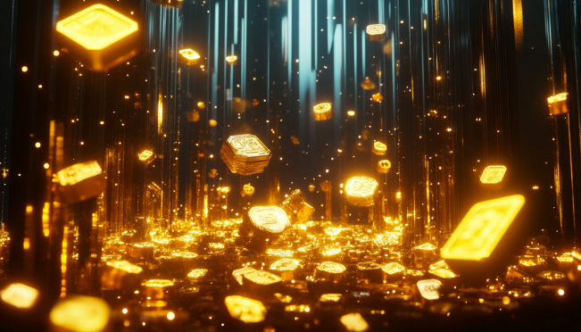 A futuristic scene with digital tokens representing gold being traded on a blockchain, featuring prominent logos of Euroclear, the World Gold Council, and Clifford Chance. Include elements of modern financial technology and traditional gold assets.